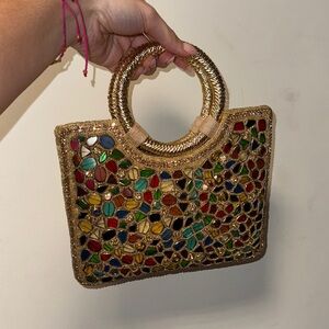 Gold Multicolor Stone Beaded Handbag Handmade One of a Kind